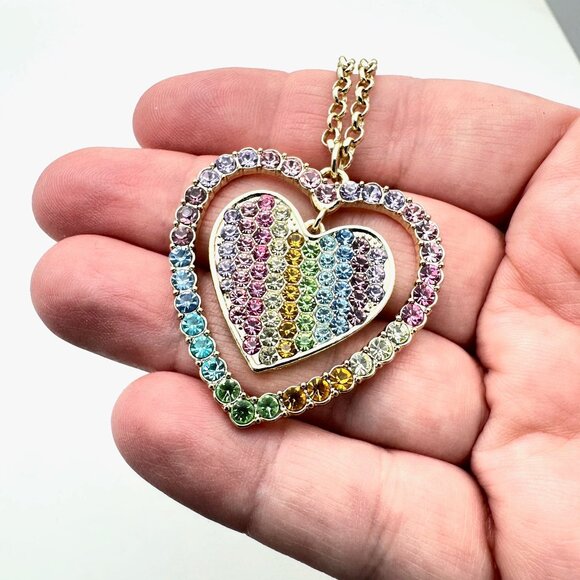 Kirks Folly Womens Necklace Gold Tone Crystal Rainbow Love Heart - Picture 2 of 4